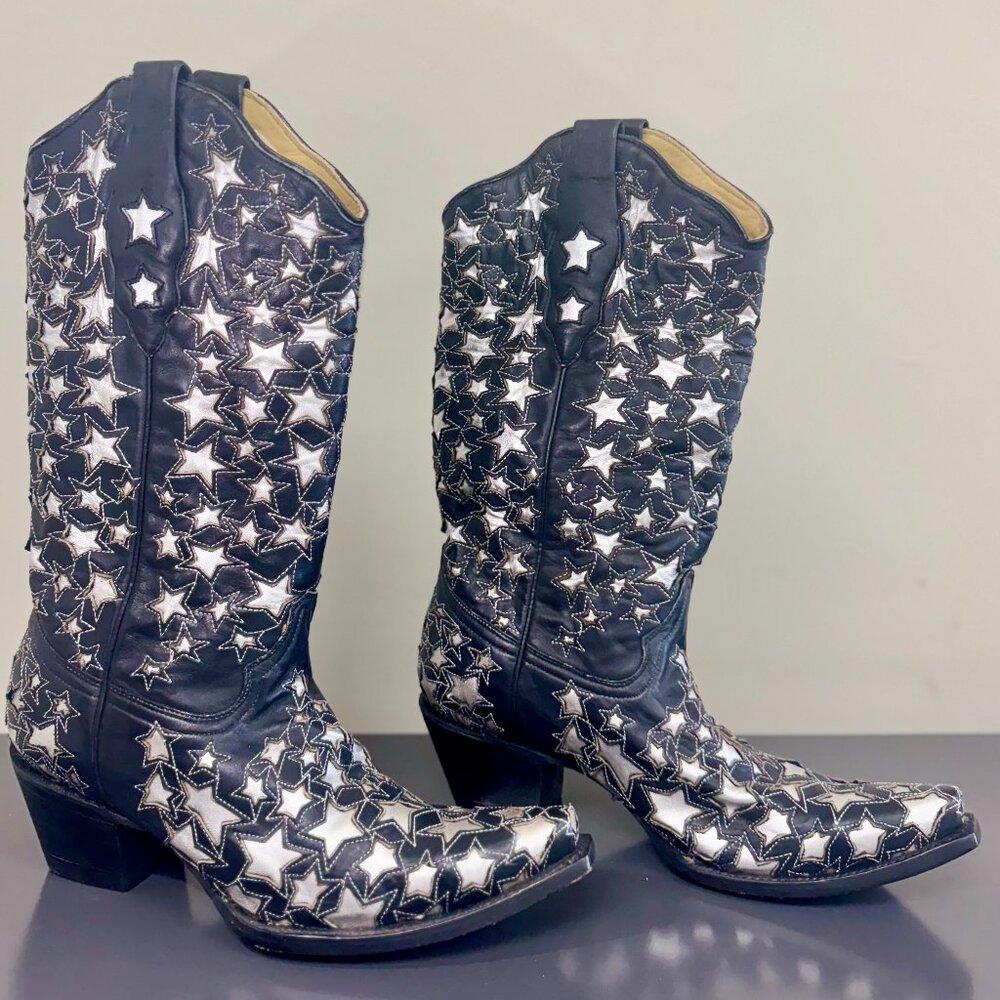 Western Black Boots with Silver Star Accents - Picture 2 of 5